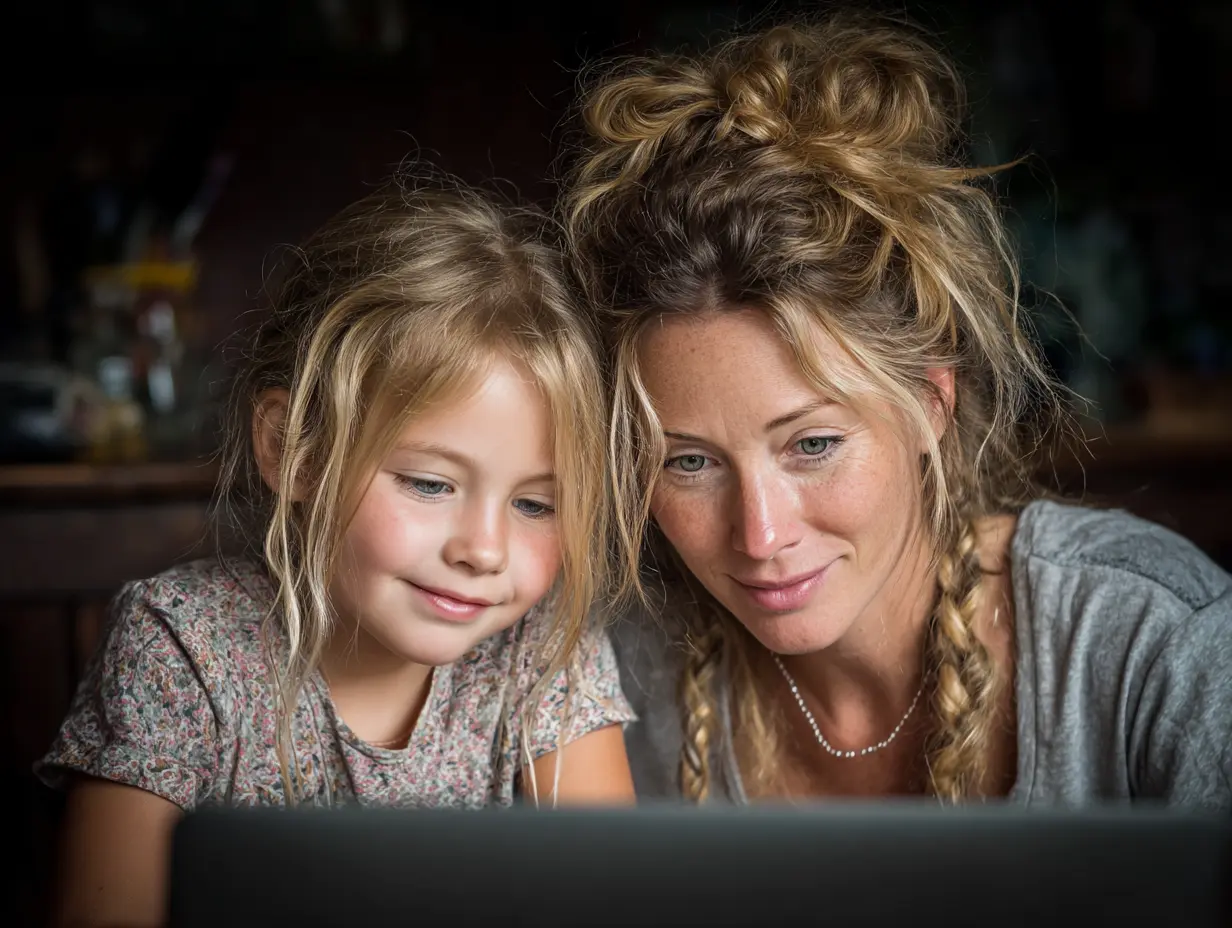 homeschool mom happily showing her kid how digital homeschool portfolios are all about.
