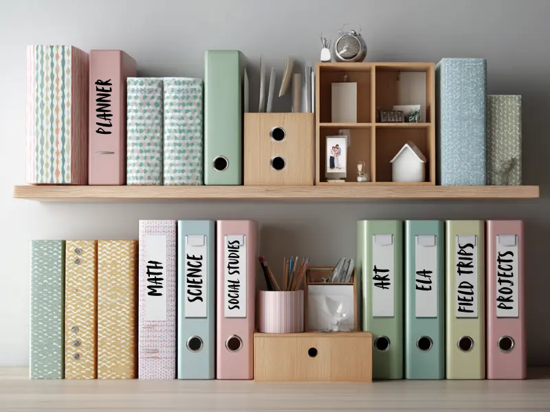 Homeschool portfolio materials organized on a desk